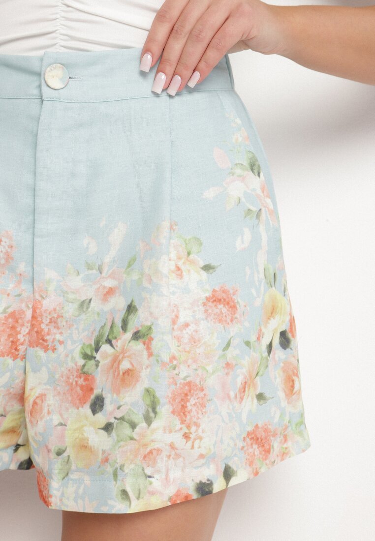 retro & icone Pantaloni scurți Albaștri cu Talie Înaltă cu Imprimeu Floral Nemolla