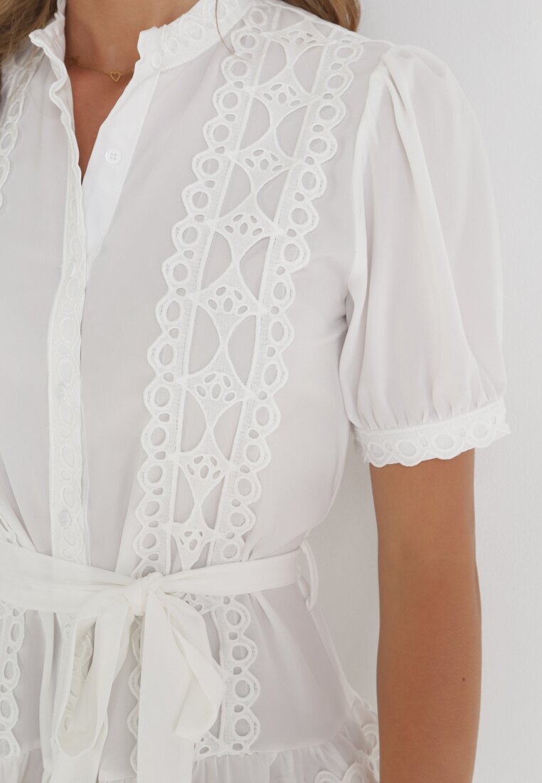 retro & icone Rochie Albă Cloș cu Dantelă și Curea Legată Alphonsina