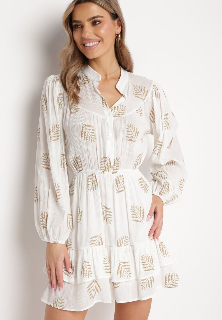retro & icone Rochie Albă Cloș Mini cu Volan cu Frunze Rianle