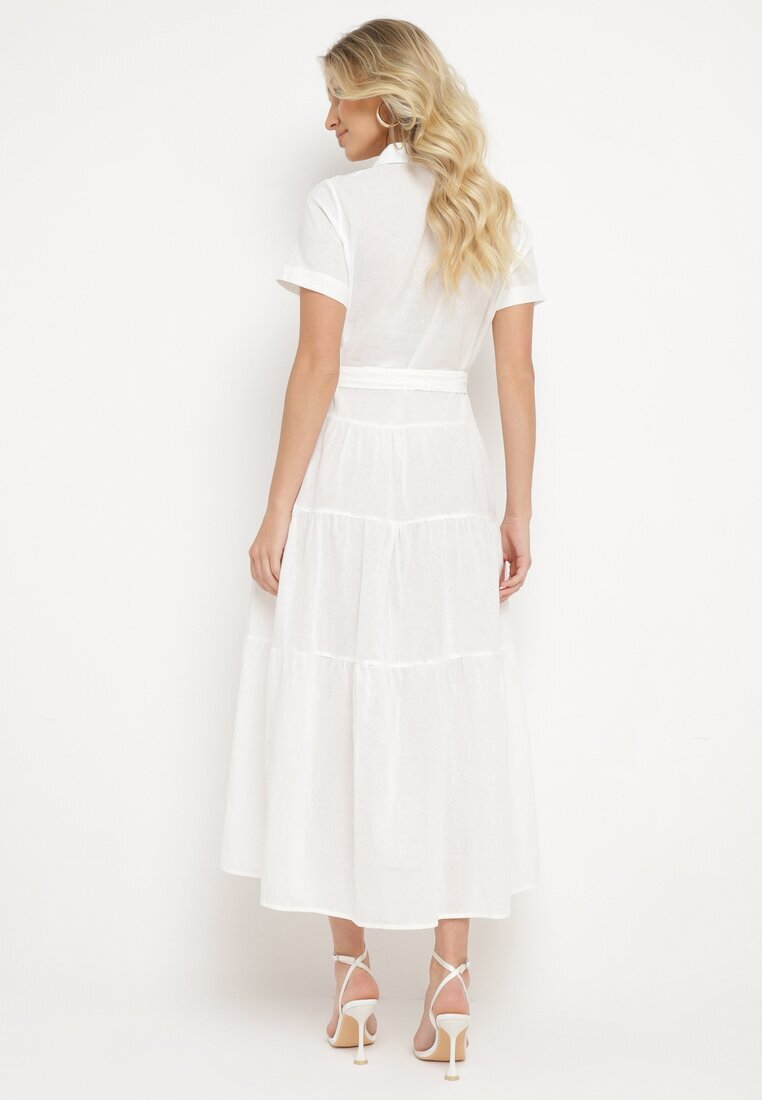 retro & icone Rochie Albă din Bumbac cu Croială Tip Cămașă cu Legătură în Talie Wosofia