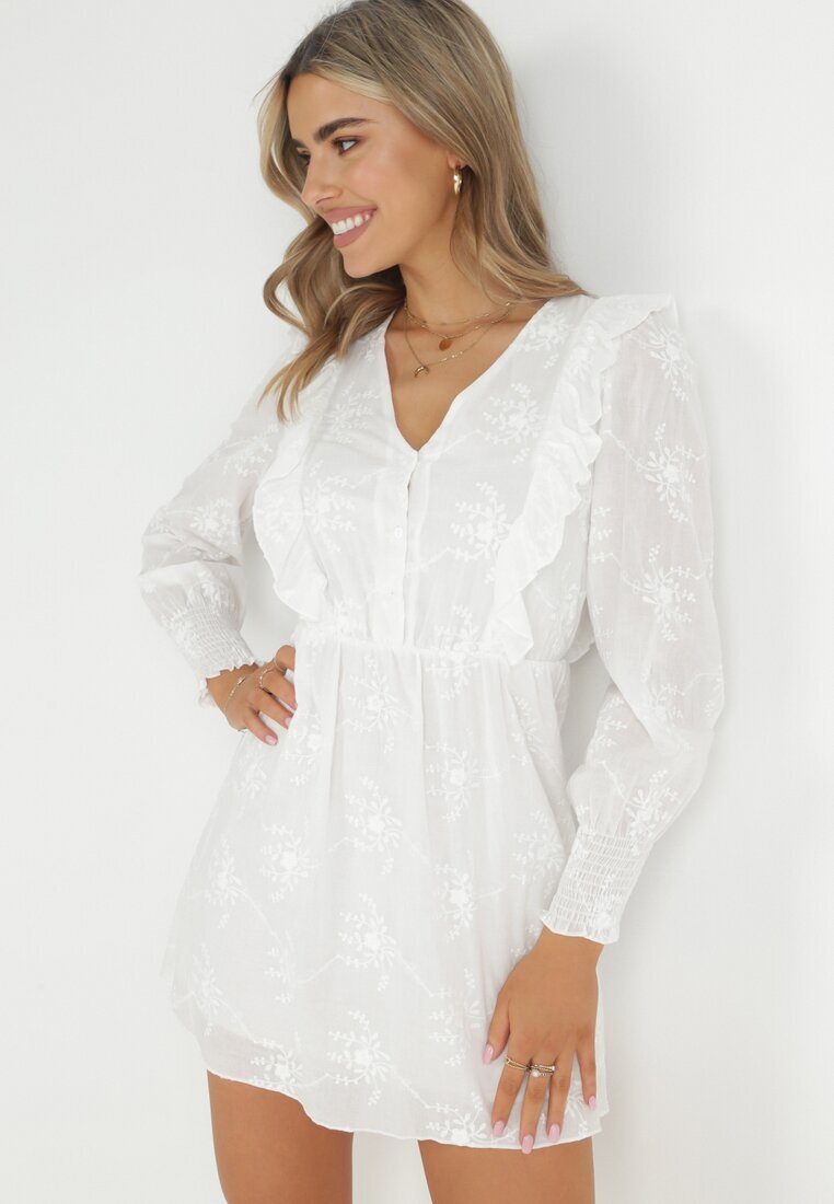retro & icone Rochie Albă din Țesătură Brodată cu elastic în talie Micromi