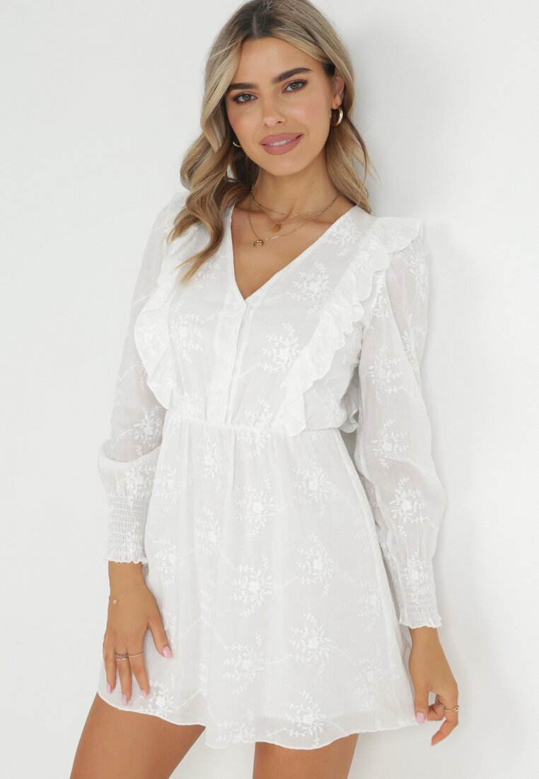 retro & icone Rochie Albă din Țesătură Brodată cu elastic în talie Micromi