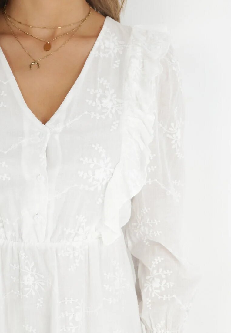 retro & icone Rochie Albă din Țesătură Brodată cu elastic în talie Micromi