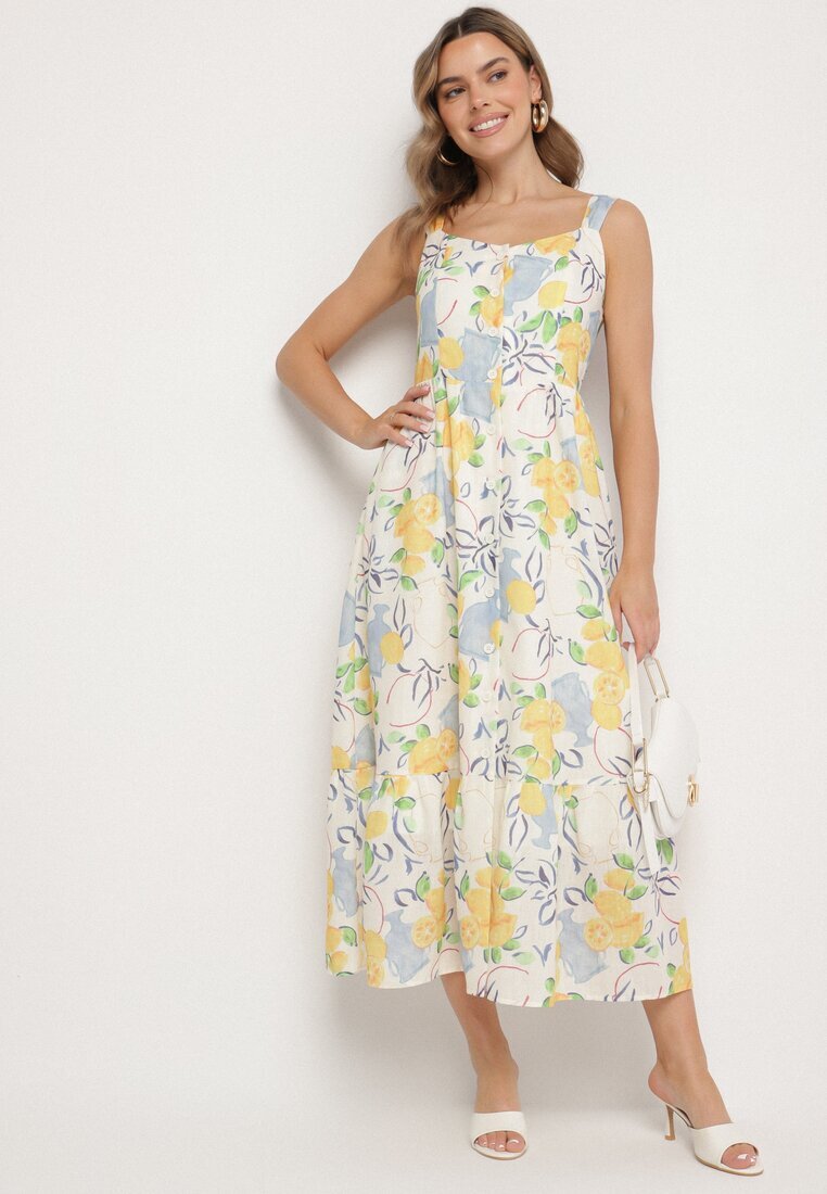 retro & icone Rochie Bej din Bumbac cu Model de Lămâi Evitriss