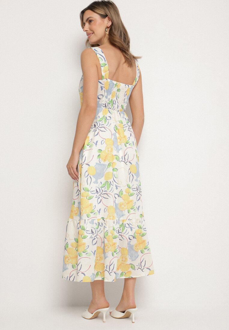 retro & icone Rochie Bej din Bumbac cu Model de Lămâi Evitriss