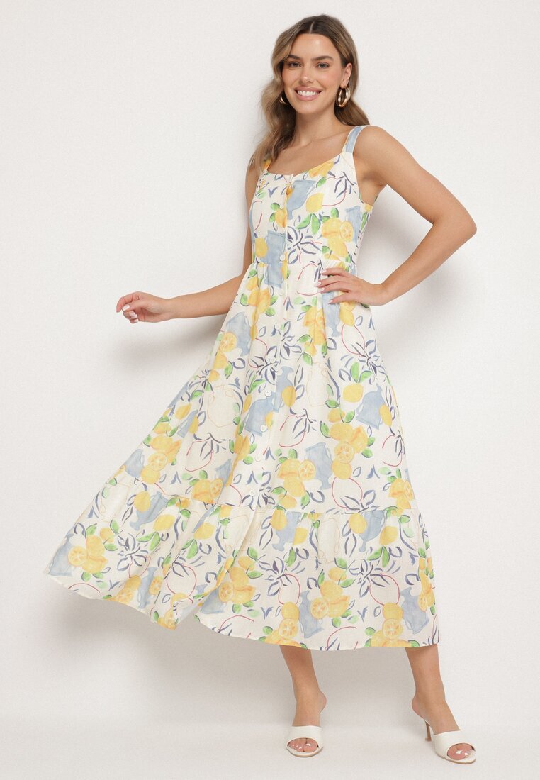 retro & icone Rochie Bej din Bumbac cu Model de Lămâi Evitriss