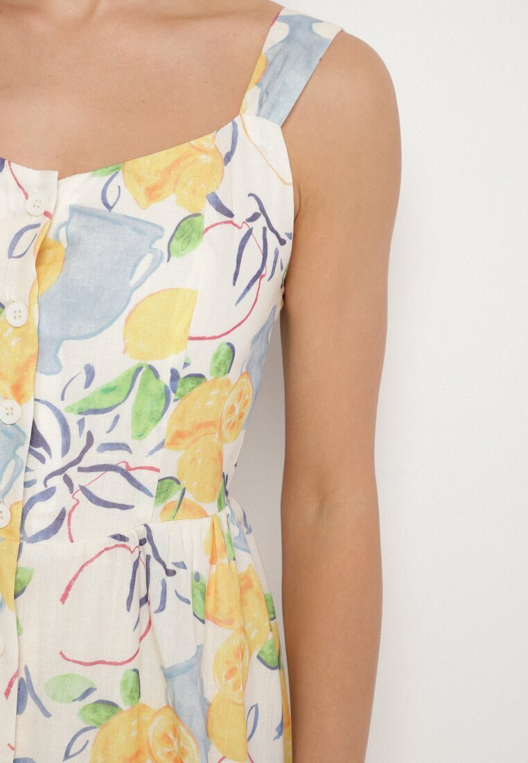 retro & icone Rochie Bej din Bumbac cu Model de Lămâi Evitriss