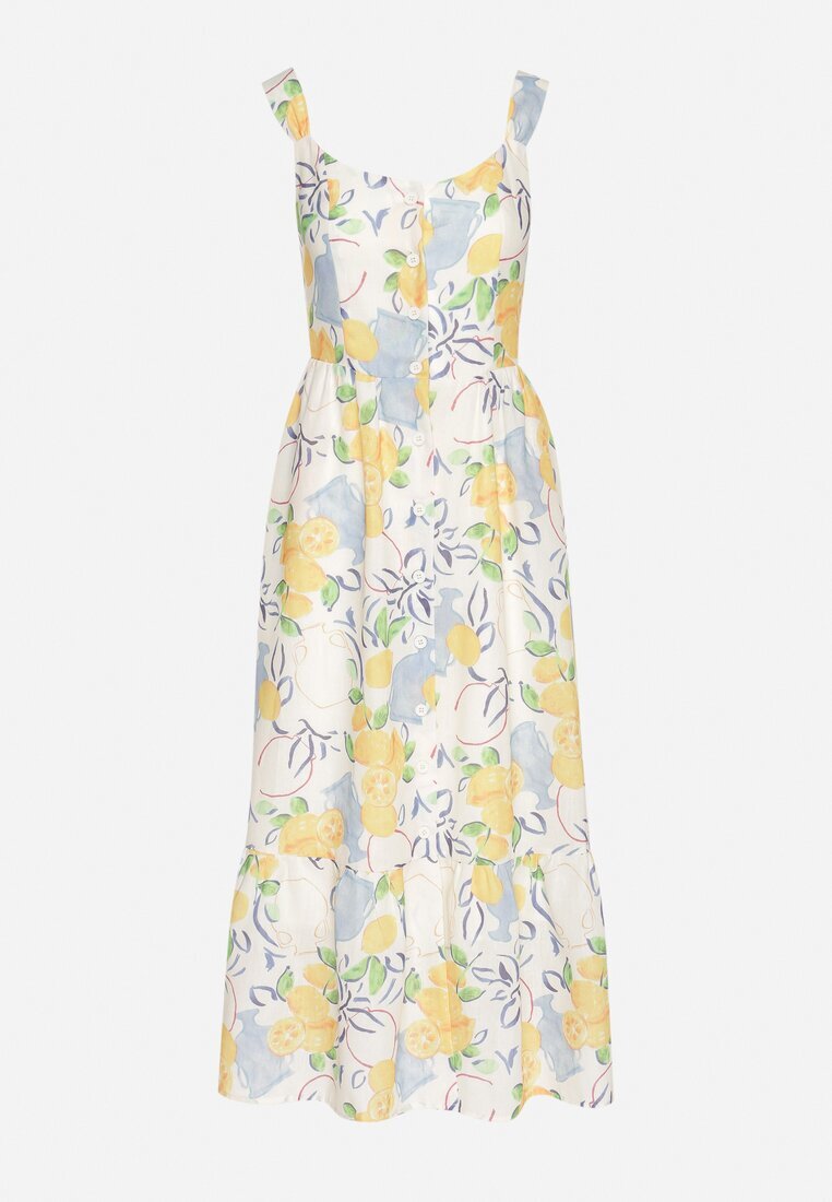 retro & icone Rochie Bej din Bumbac cu Model de Lămâi Evitriss