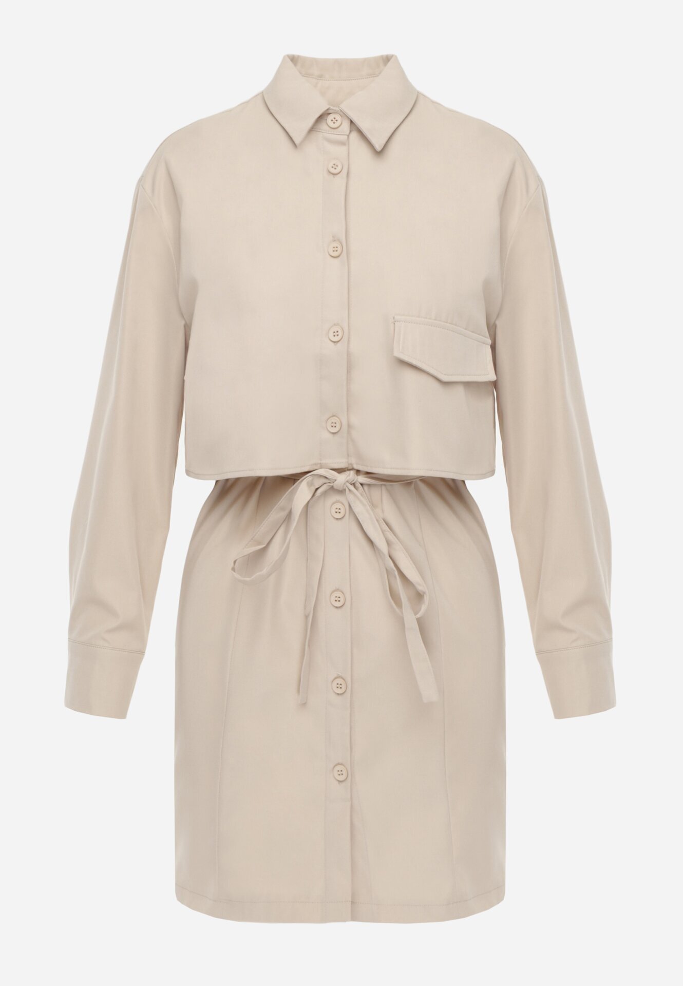 retro & icone Rochie Bej în stil cămașă cu legătură și imitație de buzunare Mavira