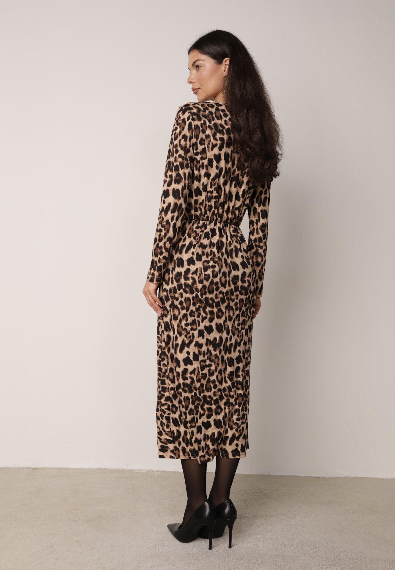retro & icone Rochie Bej închis cu imprimeu leopard cu nod decorativ și despicătură Salanthia