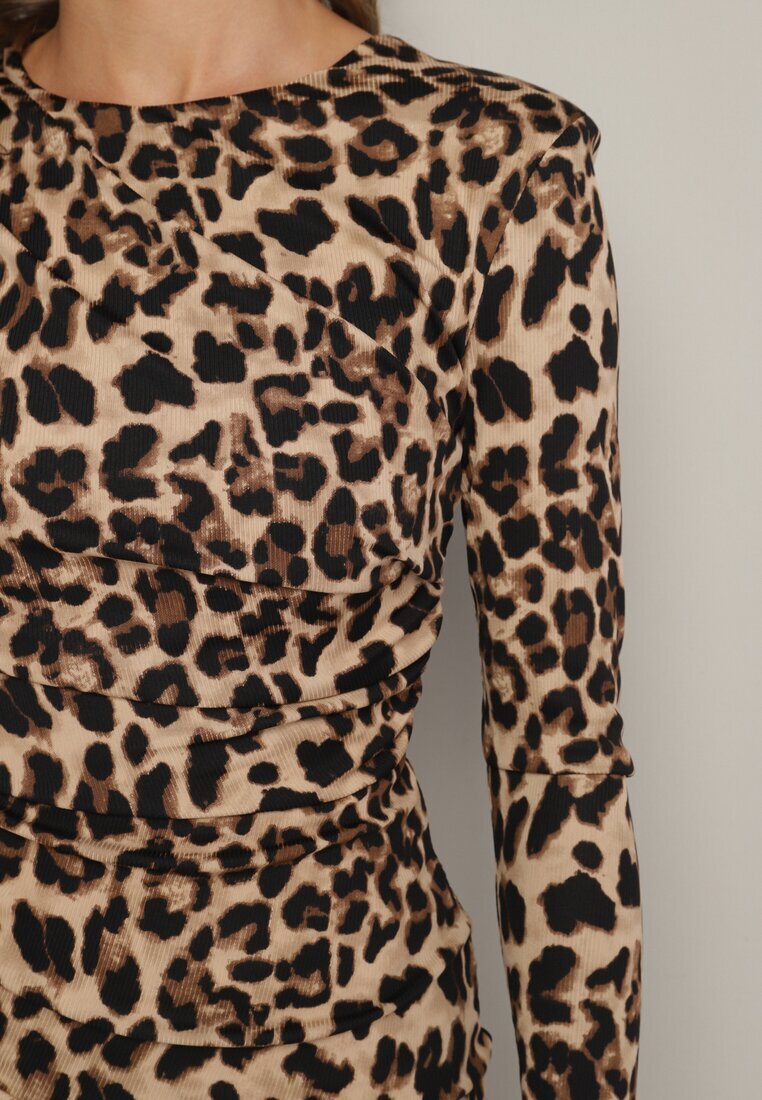 retro & icone Rochie bej închis Draperată cu imprimeu leopard cu croi mulat cu umeri întăriți Tifitha