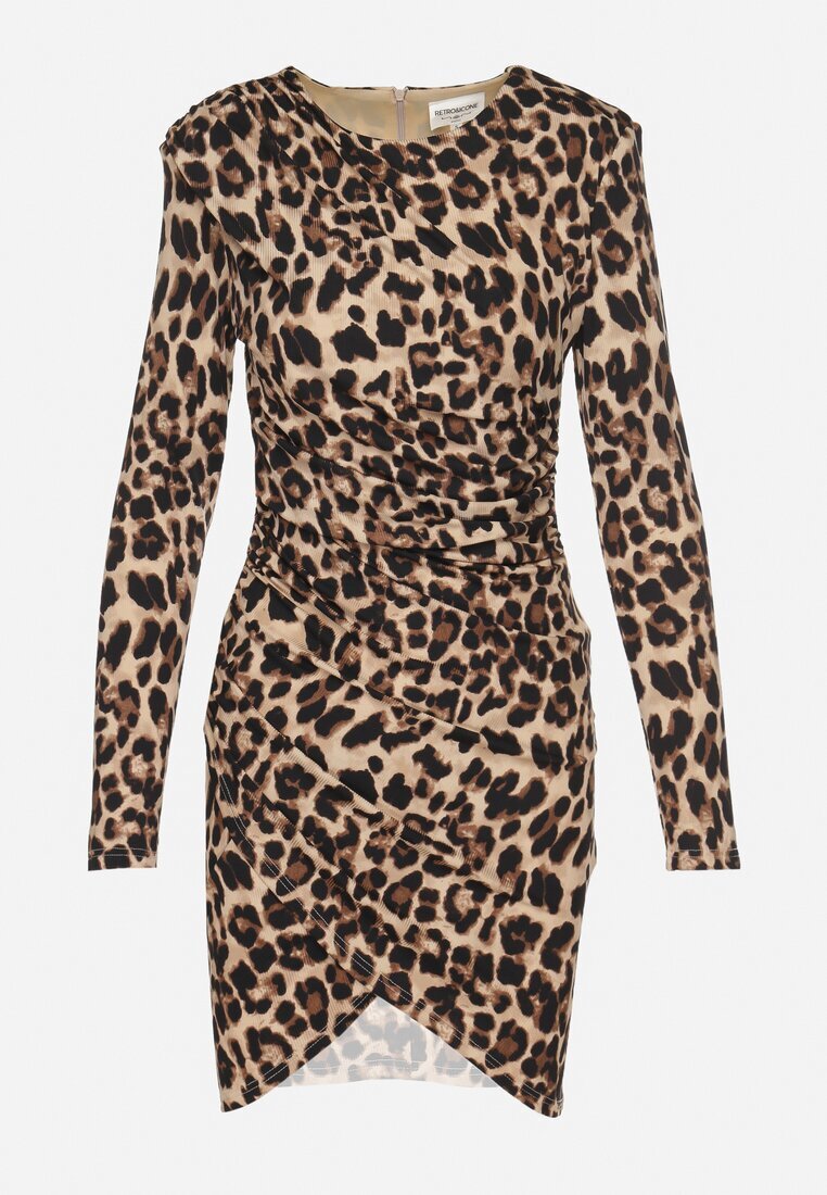 retro & icone Rochie bej închis Draperată cu imprimeu leopard cu croi mulat cu umeri întăriți Tifitha