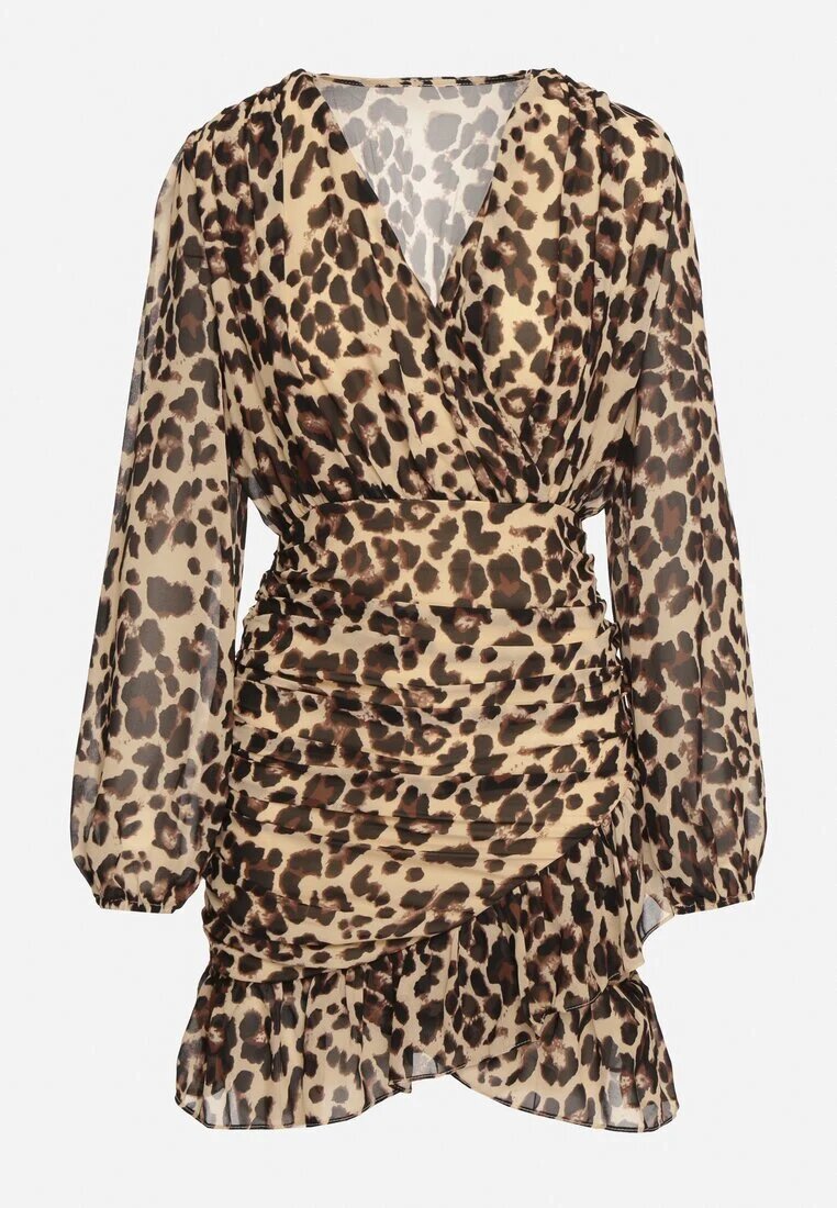 retro & icone Rochie bej închis imprimată leopard cu decolteu în V decorată cu drapaj și volane Melobria