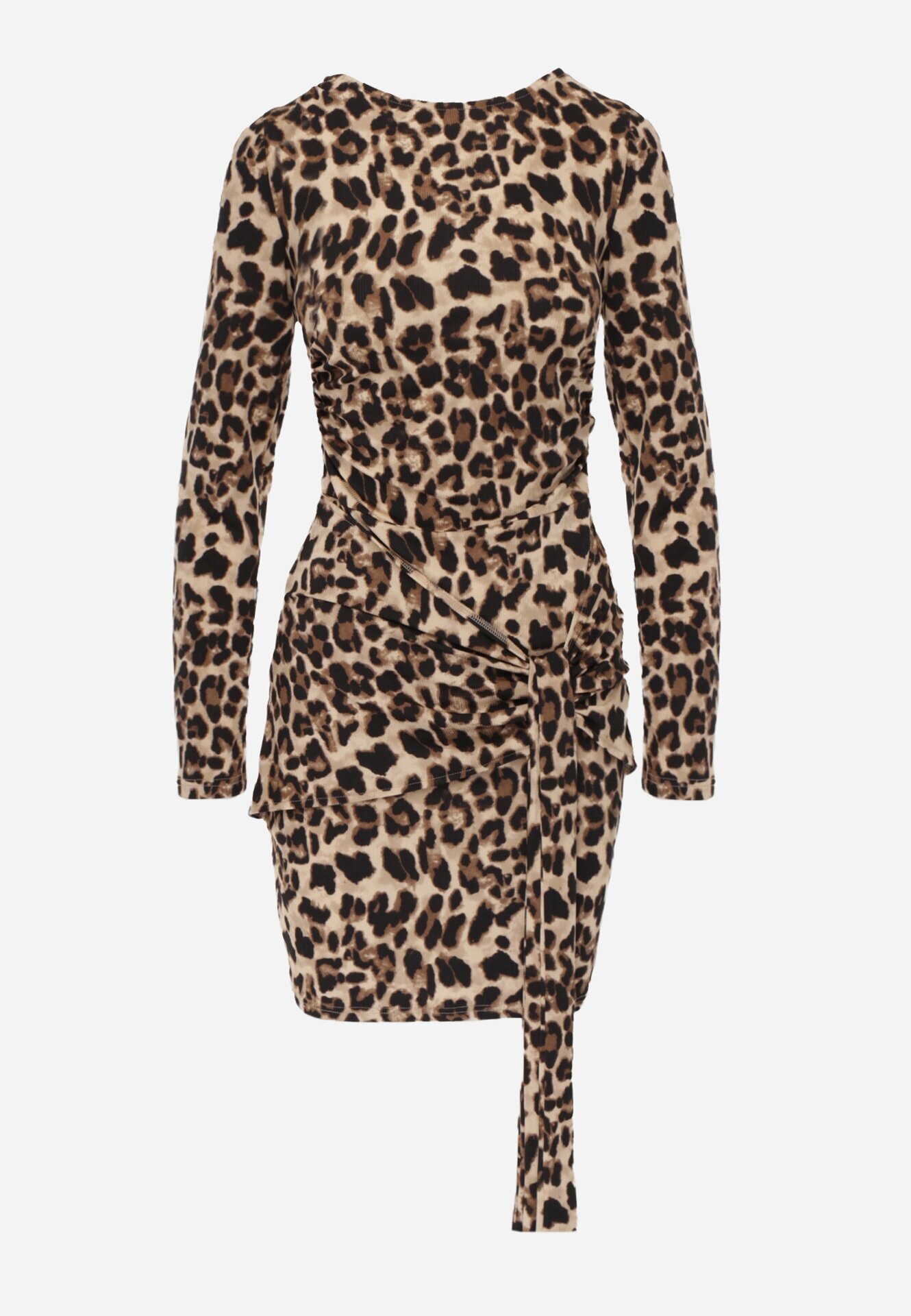 retro & icone Rochie bej închis mulată tricotată cu imprimeu leopard și încrețituri decorative Trilabina