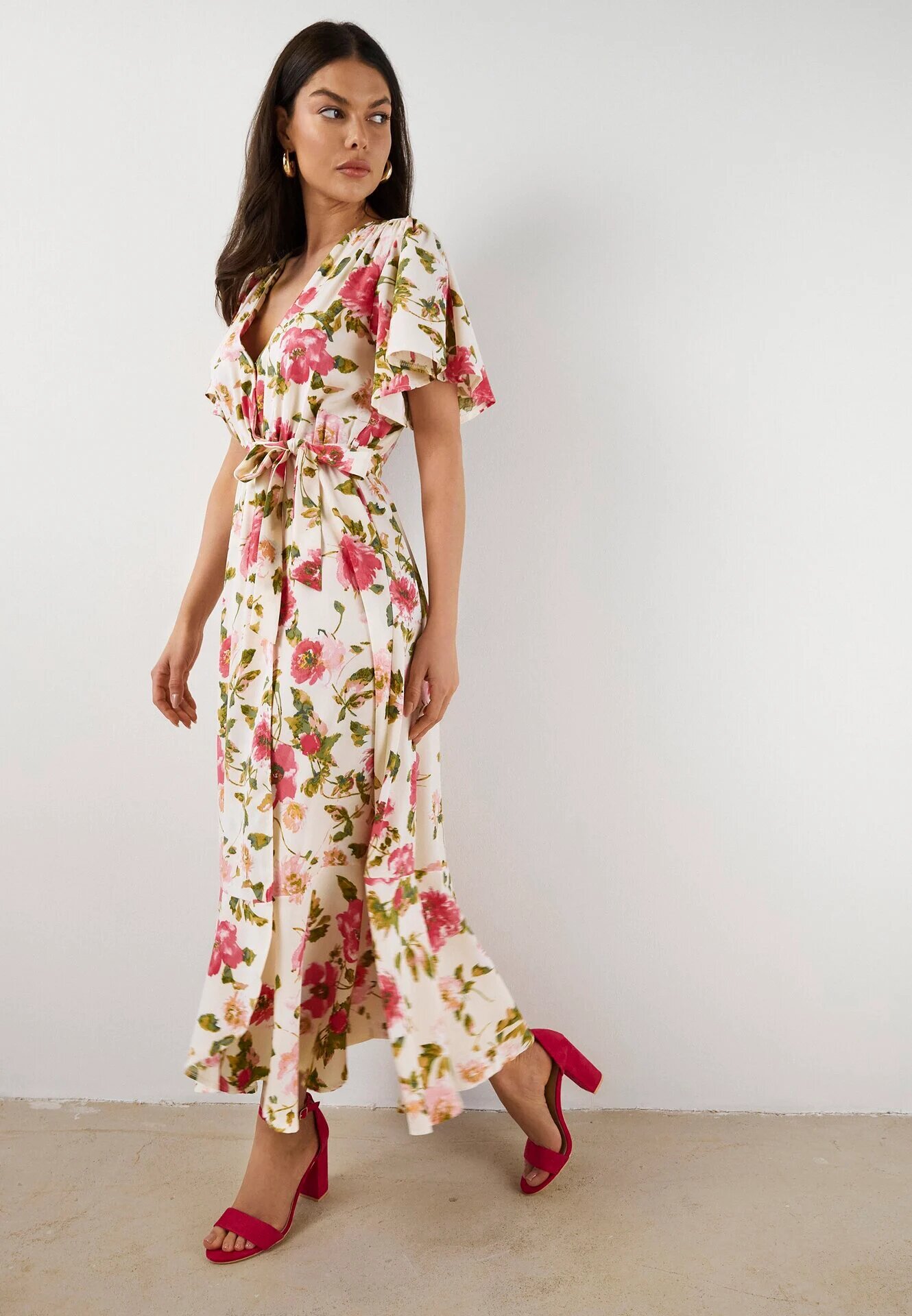 retro & icone Rochie Bej-Roz cu decolteu tip plic cu elastic în talie și curea textilă Genatia