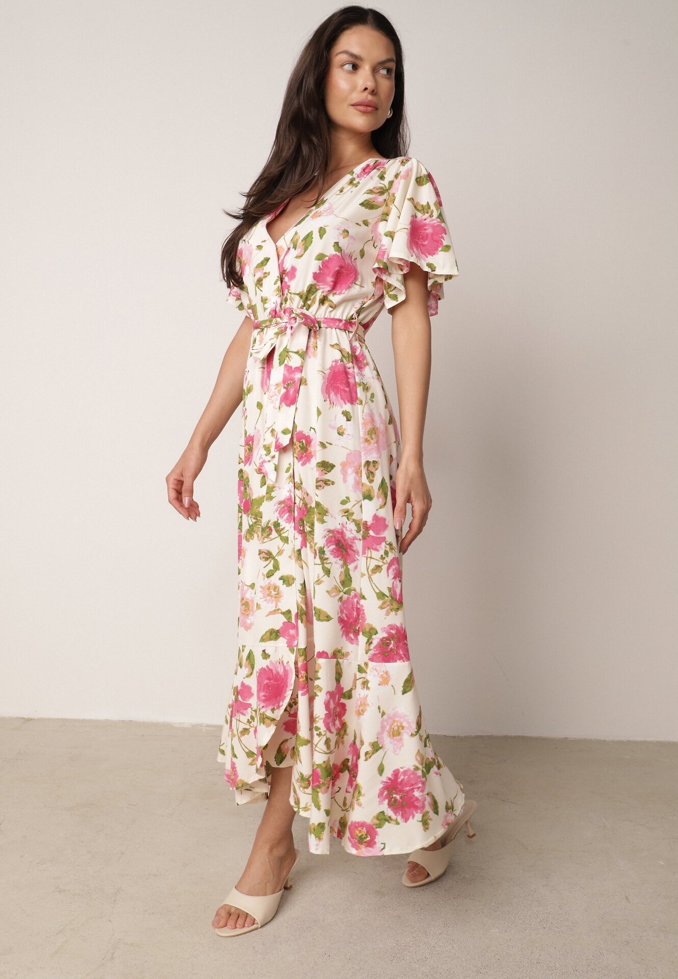 retro & icone Rochie Bej-Roz cu decolteu tip plic cu elastic în talie și curea textilă Genatia
