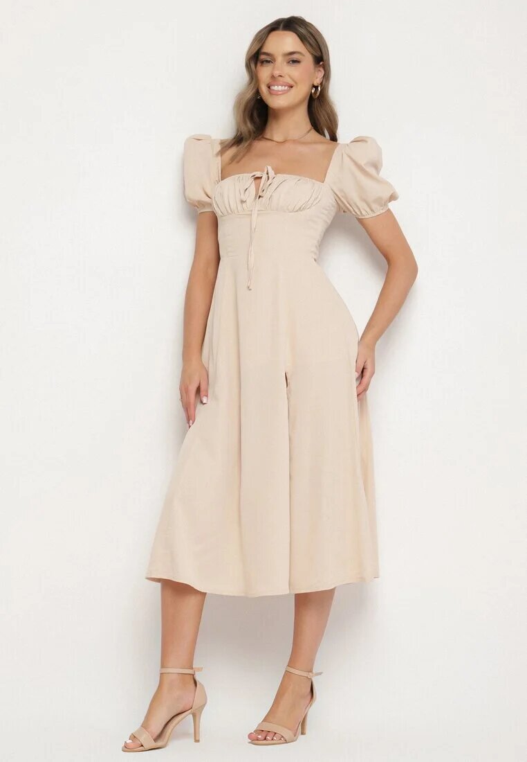 retro & icone Rochie bejă în stil rustic cu legătură la decolteu și despicătură Idanillea