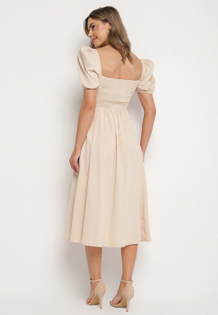 retro & icone Rochie bejă în stil rustic cu legătură la decolteu și despicătură Idanillea