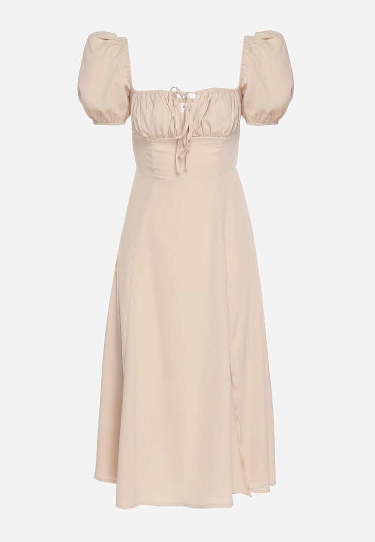 retro & icone Rochie bejă în stil rustic cu legătură la decolteu și despicătură Idanillea