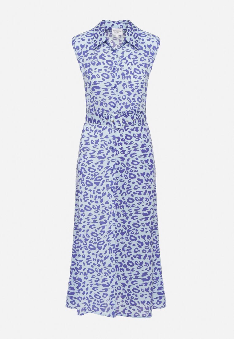 retro & icone Rochie Cămașă Albastră cu Imprimeu Animal Cu nasturi cu Cordon din Material Vespia
