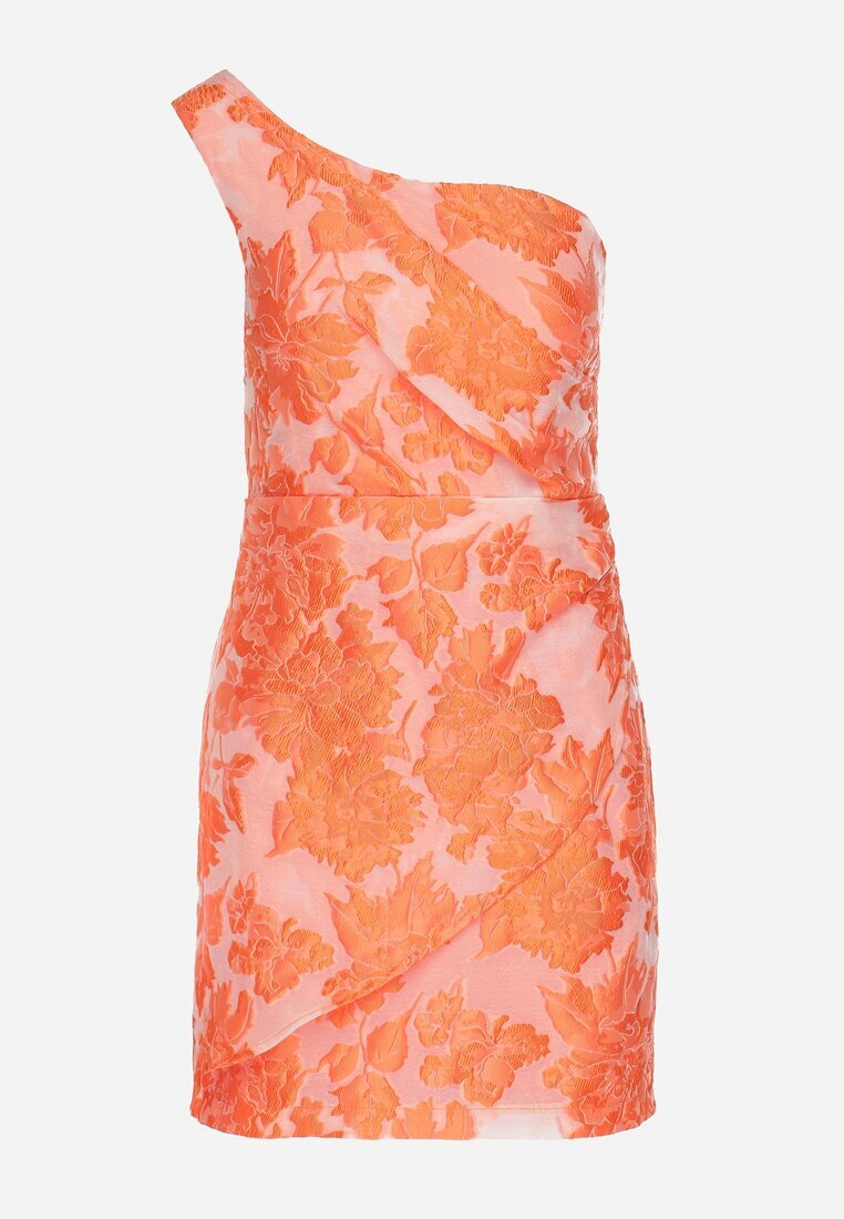 retro & icone Rochie Cambrată Portocalie pe Un Umar cu Flori Halelitia