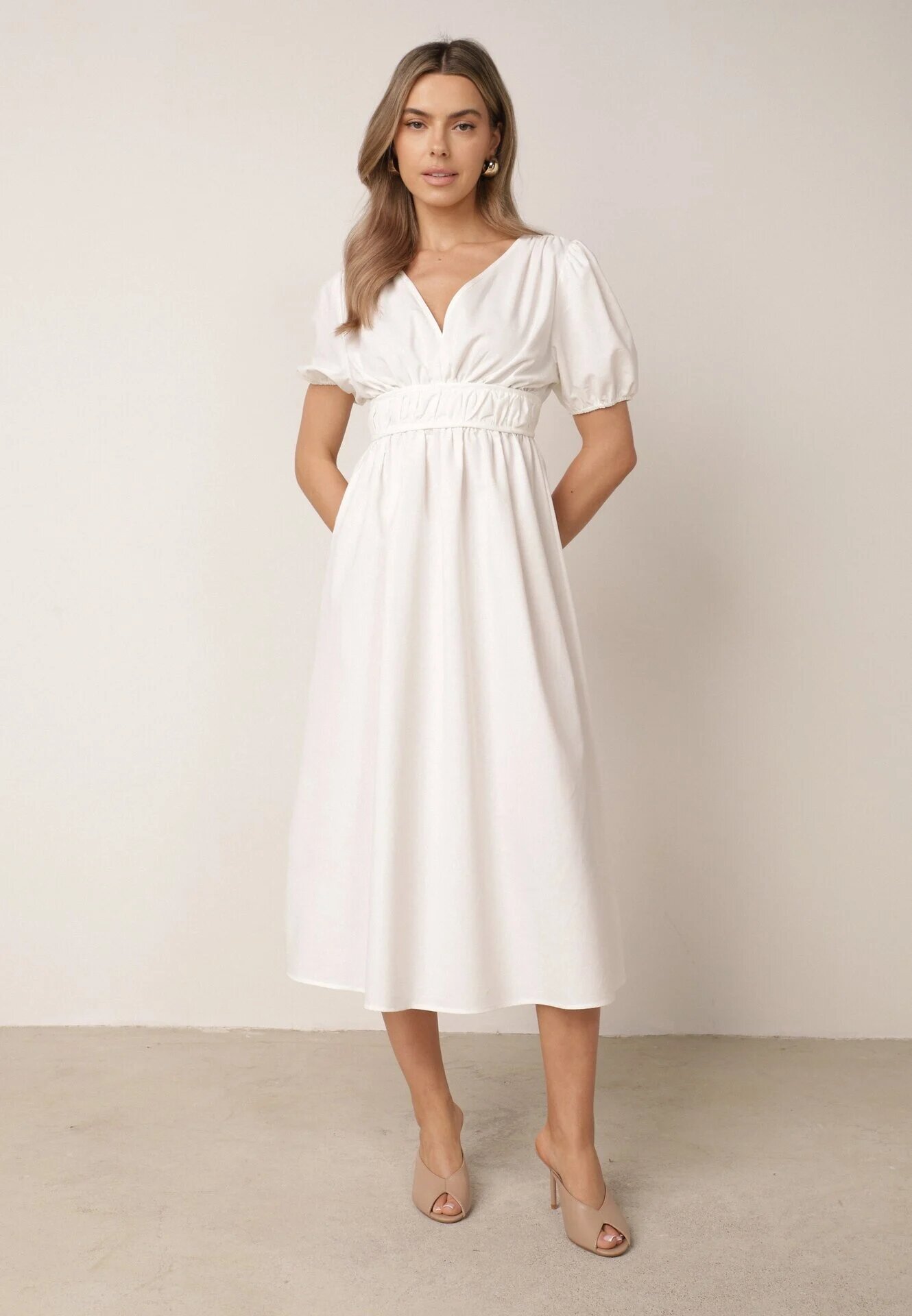 retro & icone Rochie Cloș Albă Midi cu Legătură Decorativă la Spate și Elastic la Talie cu In Senaida