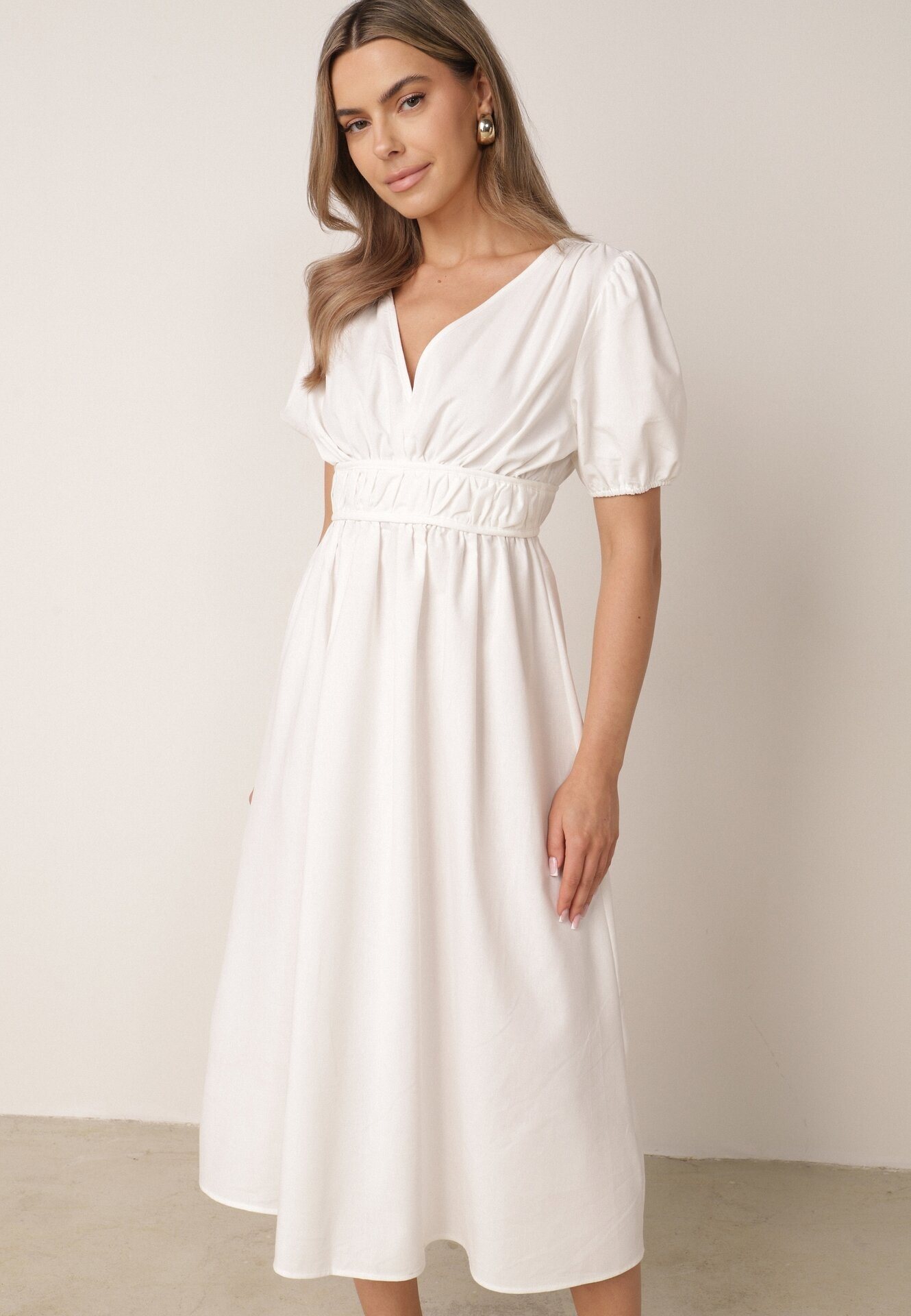 retro & icone Rochie Cloș Albă Midi cu Legătură Decorativă la Spate și Elastic la Talie cu In Senaida