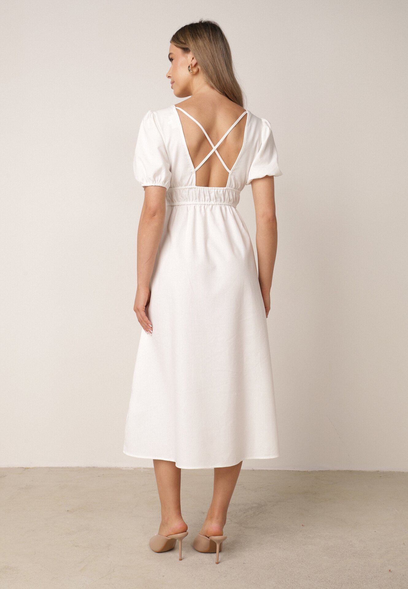 retro & icone Rochie Cloș Albă Midi cu Legătură Decorativă la Spate și Elastic la Talie cu In Senaida