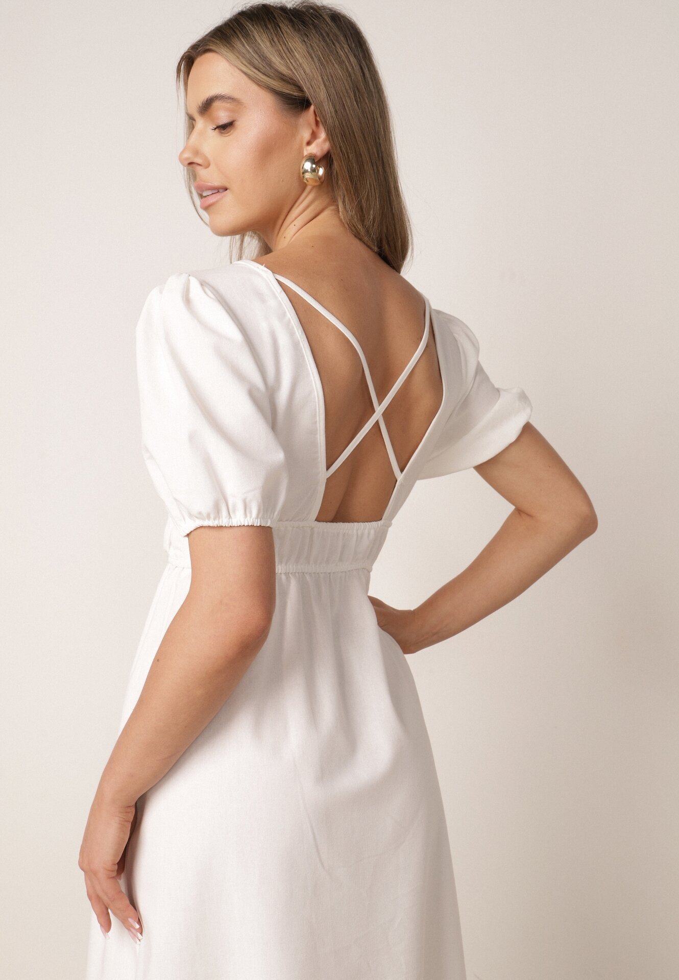 retro & icone Rochie Cloș Albă Midi cu Legătură Decorativă la Spate și Elastic la Talie cu In Senaida
