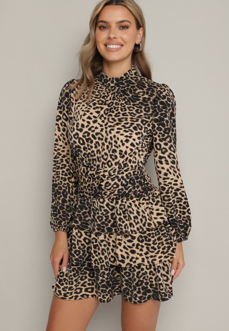 retro & icone Rochie Cloș Bej închis cu imprimeu leopard Strânsă în talie cu volane Liliwia