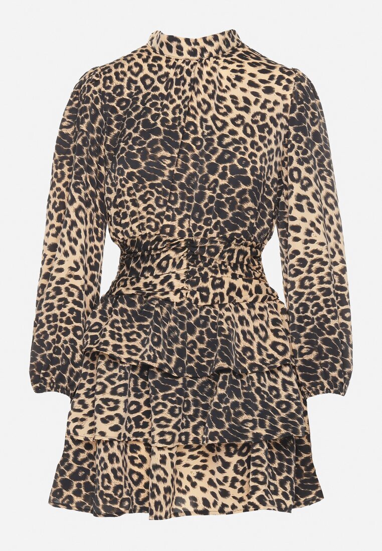 retro & icone Rochie Cloș Bej închis cu imprimeu leopard Strânsă în talie cu volane Liliwia