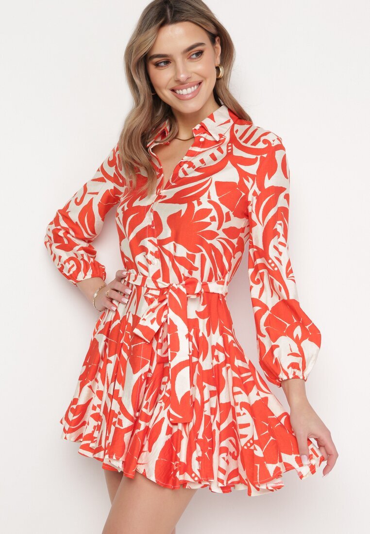 retro & icone Rochie Cloș Mini Portocalie cu Cordon Decorată cu Model Abstract Frelia