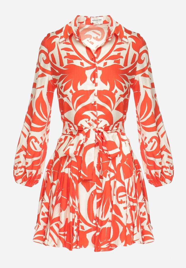retro & icone Rochie Cloș Mini Portocalie cu Cordon Decorată cu Model Abstract Frelia