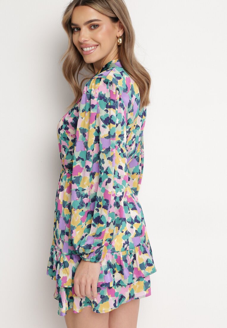 retro & icone Rochie Cloș Mini Violet-Verde cu Elastic în Talie Decorată cu Pete Viorella