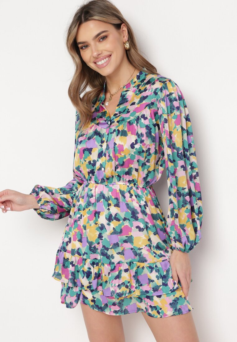 retro & icone Rochie Cloș Mini Violet-Verde cu Elastic în Talie Decorată cu Pete Viorella
