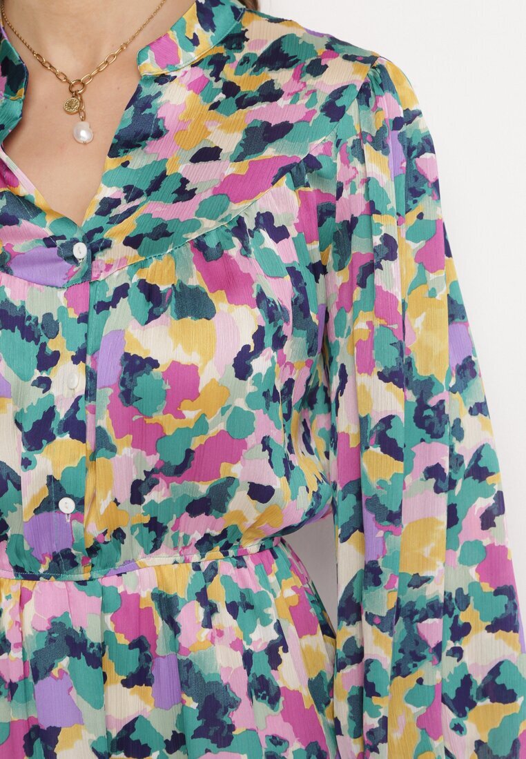retro & icone Rochie Cloș Mini Violet-Verde cu Elastic în Talie Decorată cu Pete Viorella