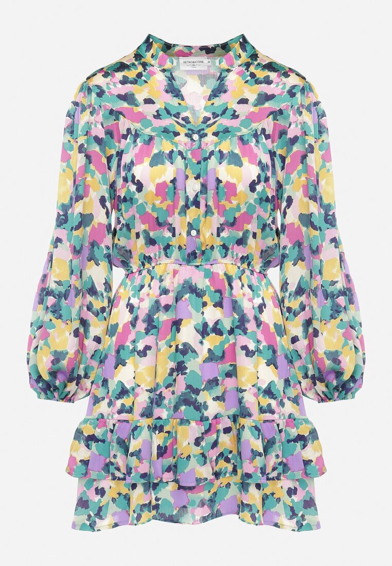 retro & icone Rochie Cloș Mini Violet-Verde cu Elastic în Talie Decorată cu Pete Viorella