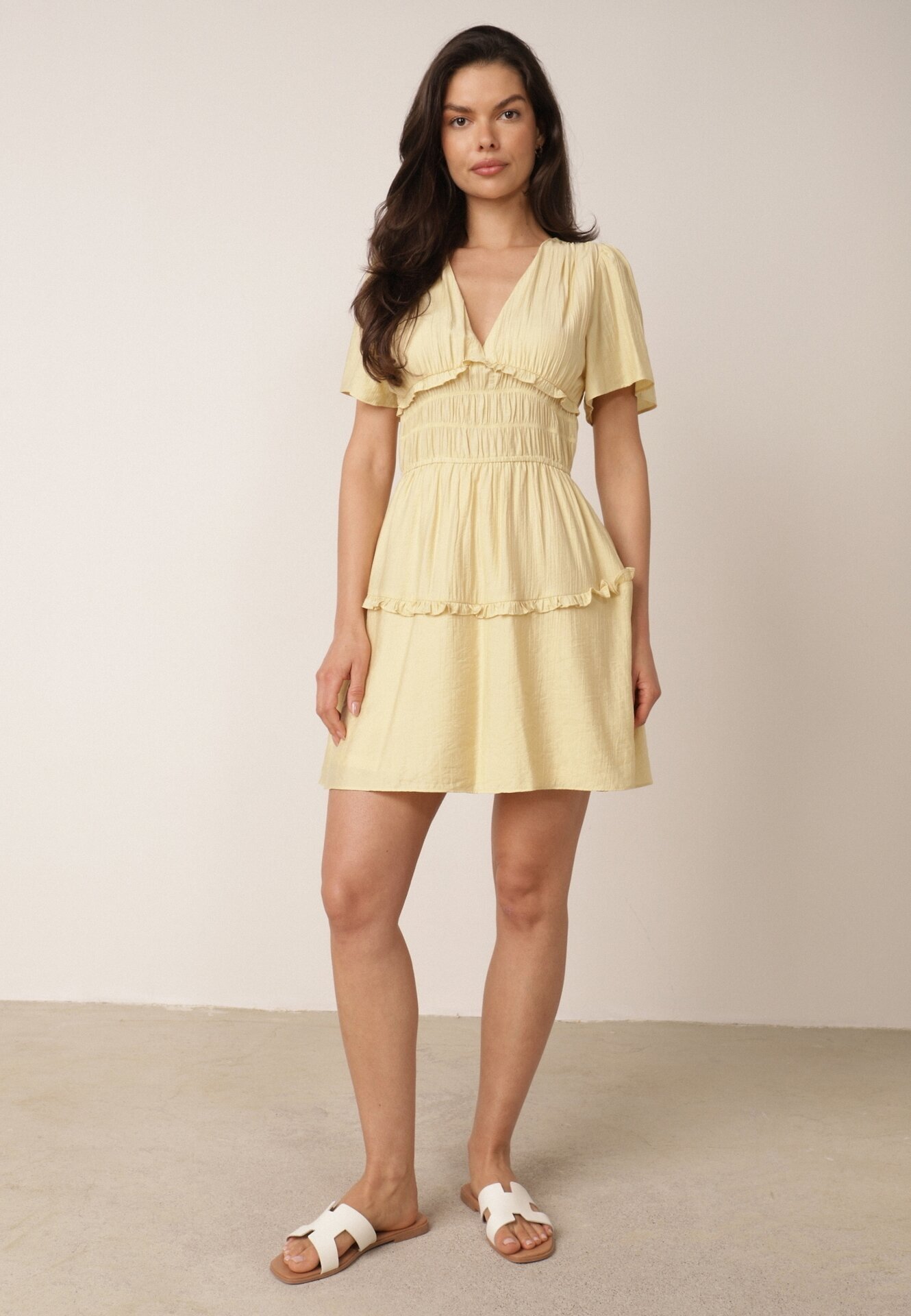 retro & icone Rochie de vară din vâscoză evazată cu talia evidențiată Periore Galbenă