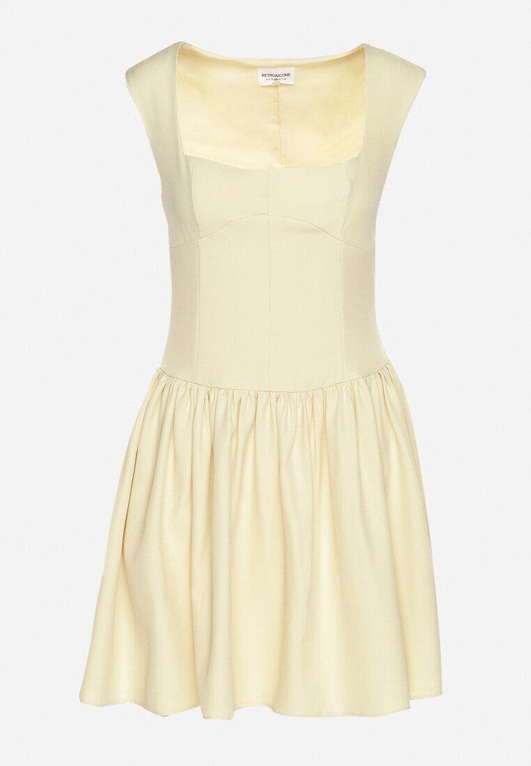 retro & icone Rochie Evazată Galbenă Decorată cu Decolteu Pătrat Halelira