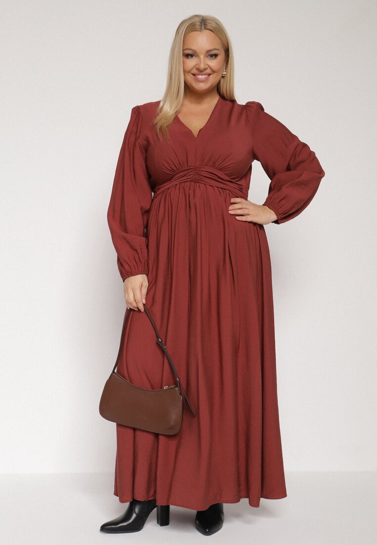 retro & icone Rochie Evazată Maro deschis cu Încrețituri și Elastic în Talie Fedorna