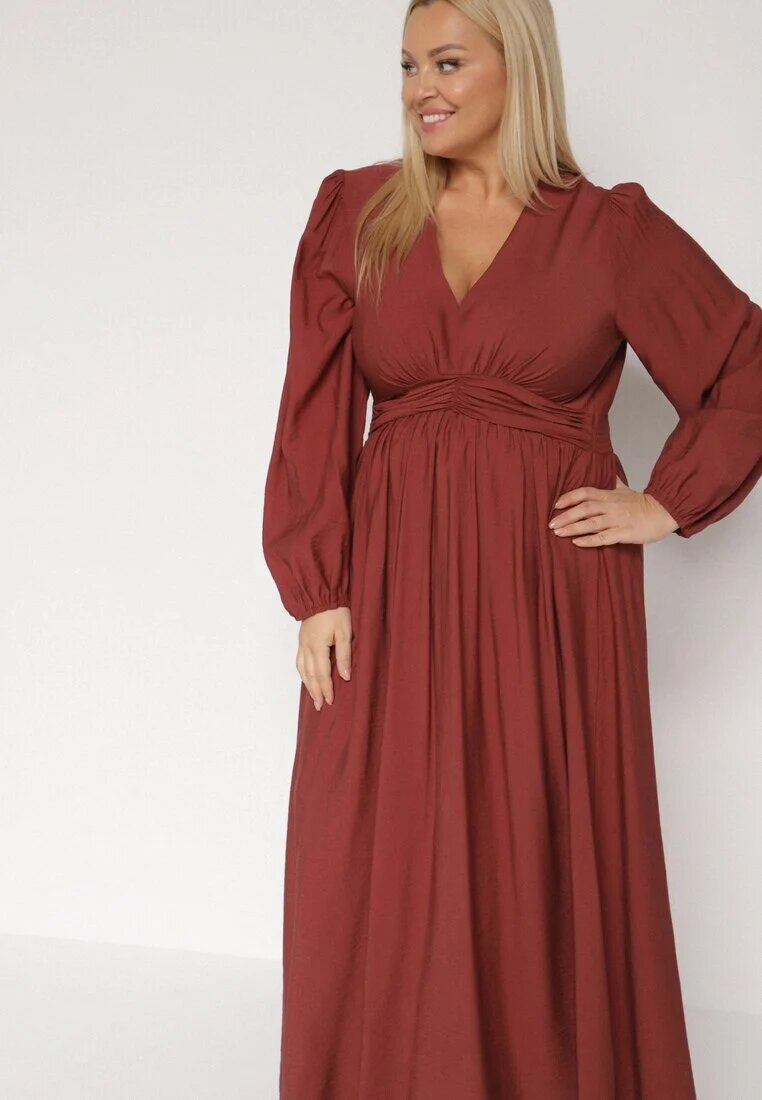retro & icone Rochie Evazată Maro deschis cu Încrețituri și Elastic în Talie Fedorna