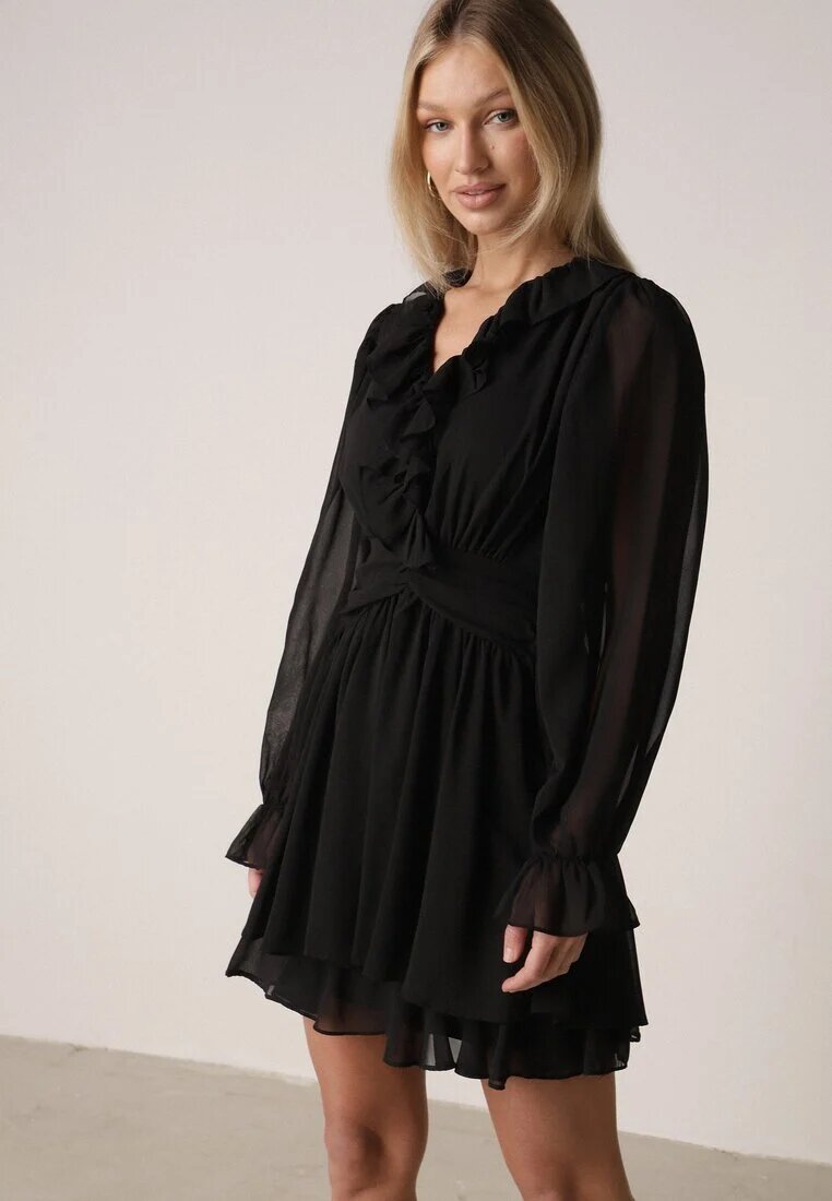 retro & icone Rochie evazată neagră cu volane și mâneci din plasă Zennisa