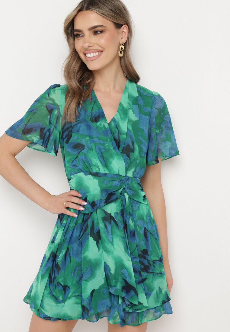 retro & icone Rochie Evazată Verde-Albastră cu Decolteu Petrecut și Elastic în Talie Pannestra