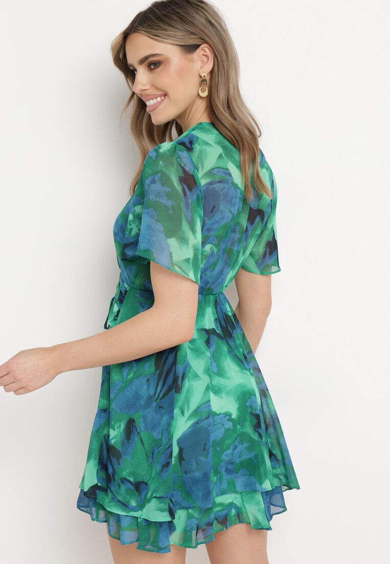 retro & icone Rochie Evazată Verde-Albastră cu Decolteu Petrecut și Elastic în Talie Pannestra