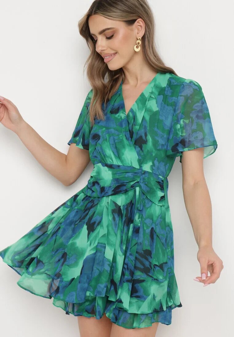 retro & icone Rochie Evazată Verde-Albastră cu Decolteu Petrecut și Elastic în Talie Pannestra