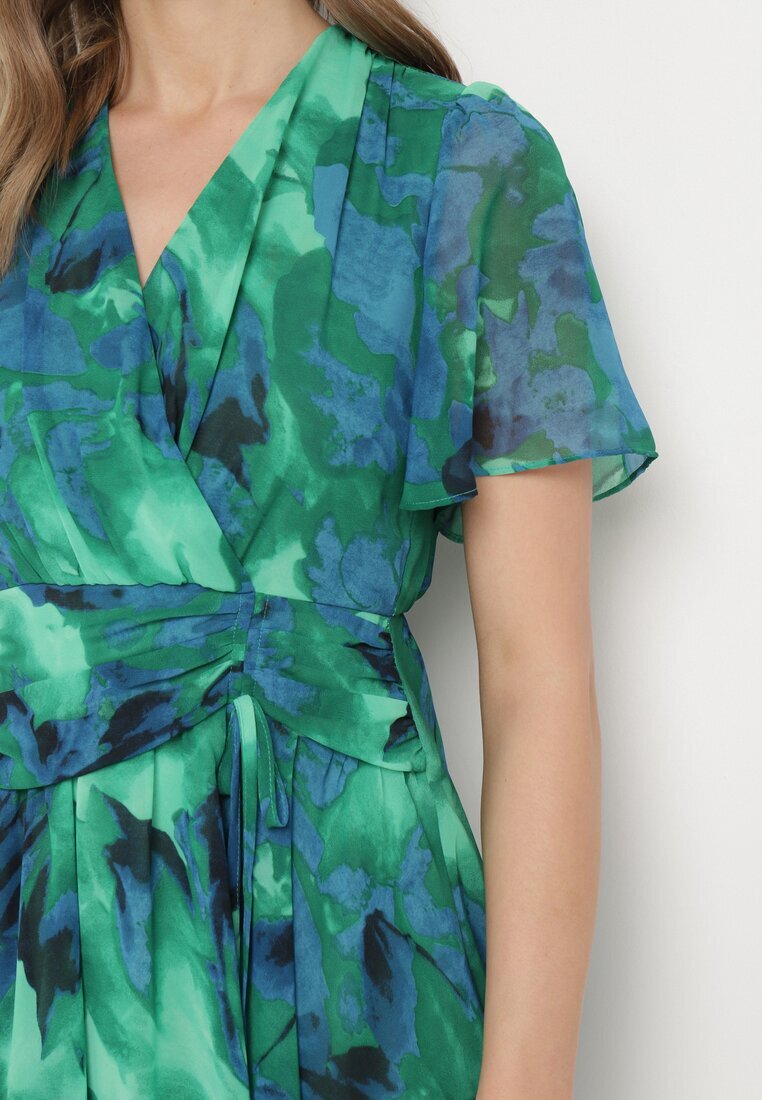 retro & icone Rochie Evazată Verde-Albastră cu Decolteu Petrecut și Elastic în Talie Pannestra