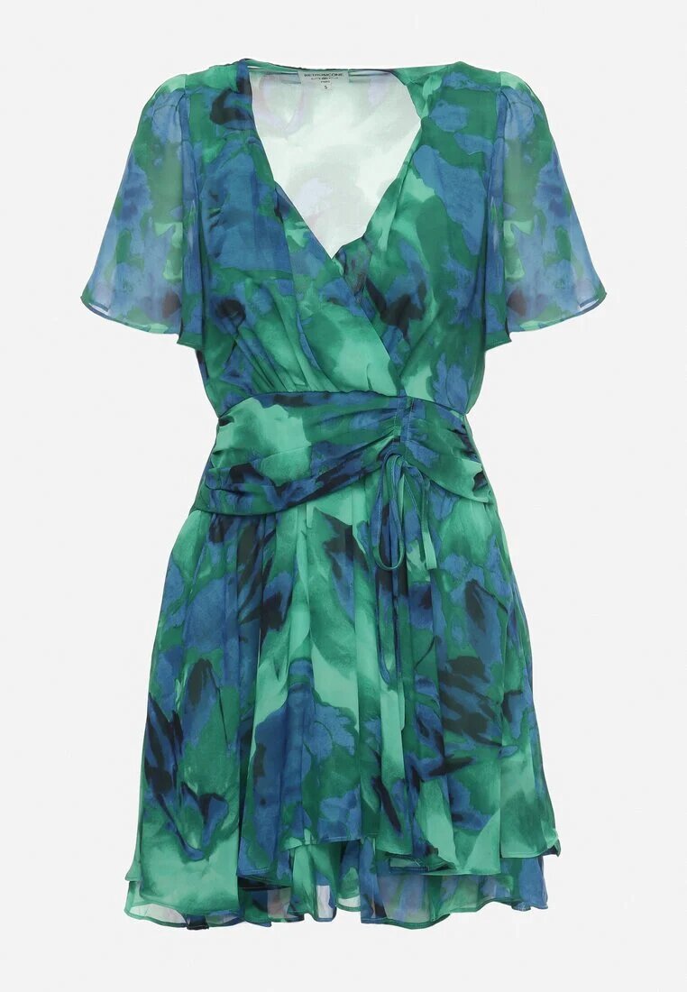 retro & icone Rochie Evazată Verde-Albastră cu Decolteu Petrecut și Elastic în Talie Pannestra