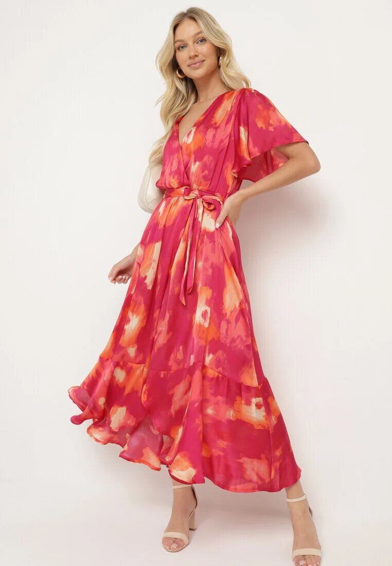 retro & icone Rochie Fuchsia-Portocalie cu decolteu petrecut cu cordon textil și elastic în talie Vikiama
