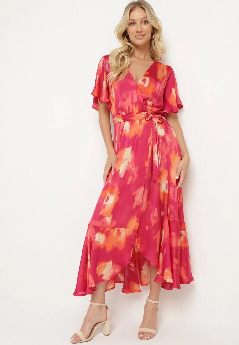 retro & icone Rochie Fuchsia-Portocalie cu decolteu petrecut cu cordon textil și elastic în talie Vikiama