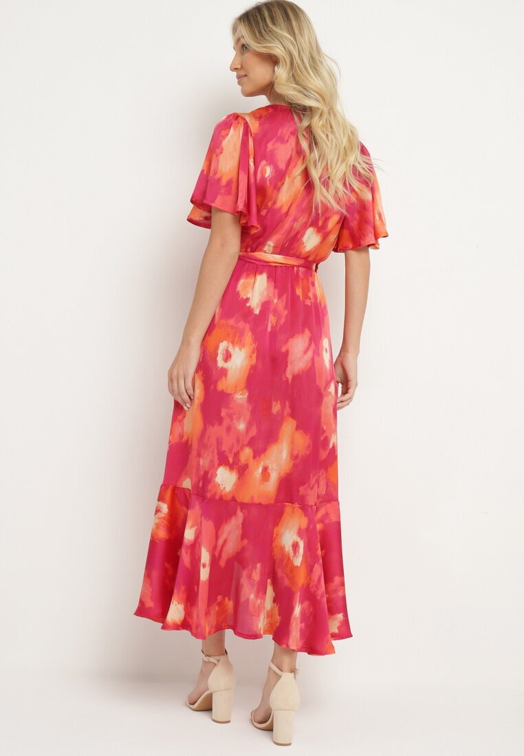 retro & icone Rochie Fuchsia-Portocalie cu decolteu petrecut cu cordon textil și elastic în talie Vikiama